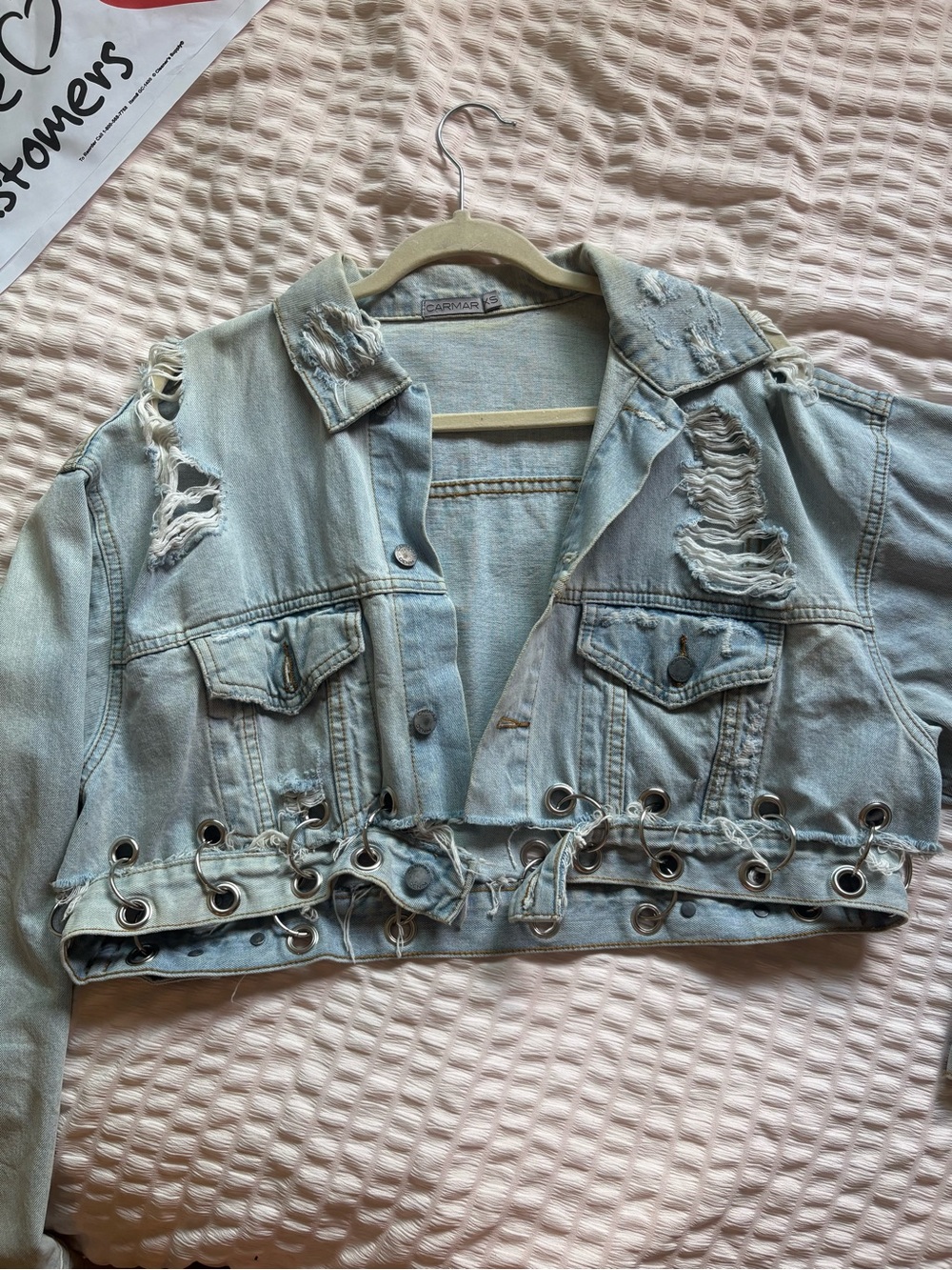Carmar Light Blue Distressed Lace-Up Cropped Denim Jacket
